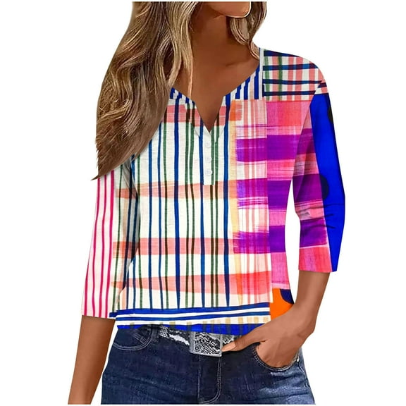 CYMMPU Floral Pattern 3/4 Sleeve Tunic Tops Boho Blouses for Women Dressy Casual Loose Fit Fall Fashion Shirts Lace V Neck Spring Tops Business Elegant Work Topss Hot Pink M