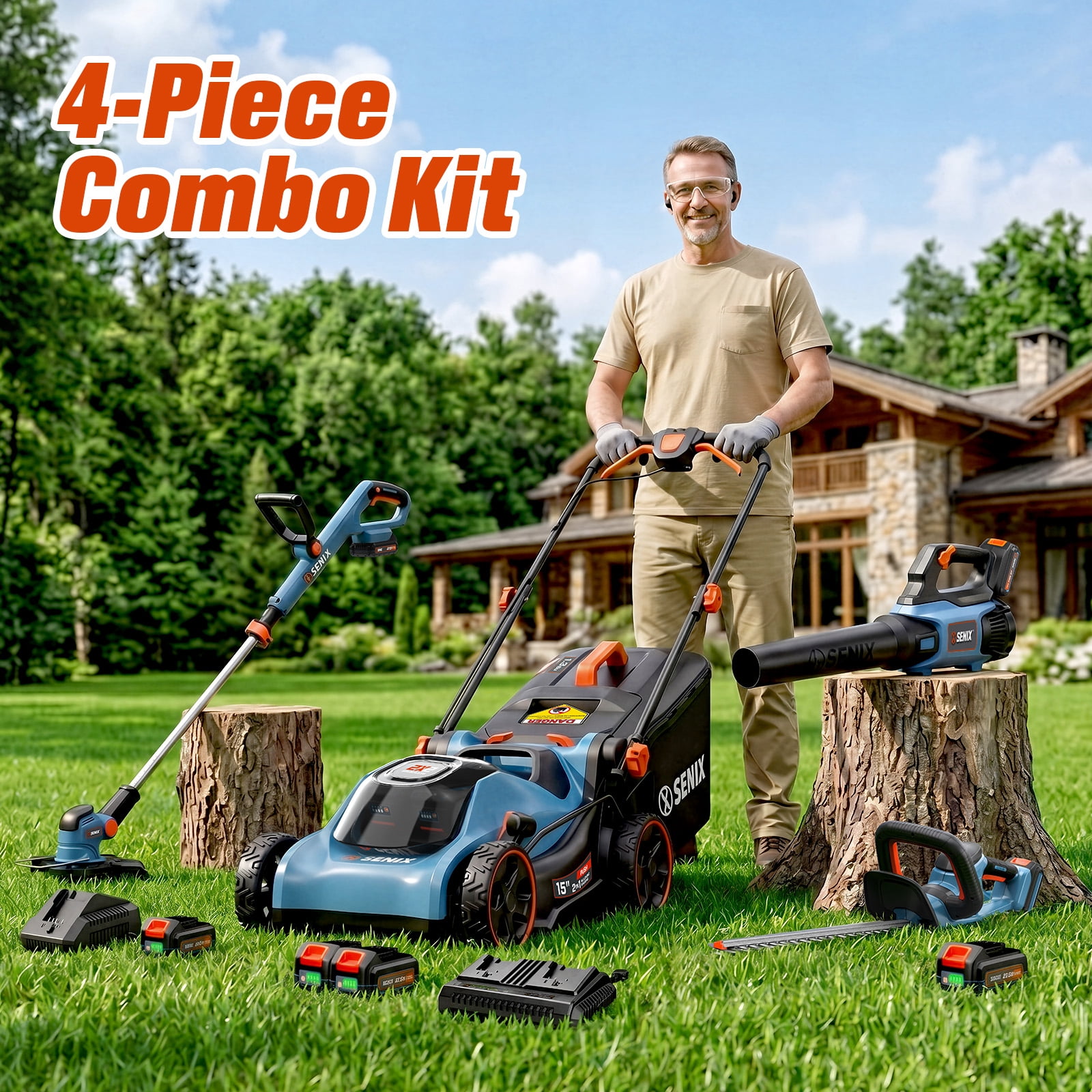 SENIX 4-Tool Combo Kit, 40V 15" Cordless Lawn Mower, 20V 10" String Trimmer, 350 CFM Leaf Blower & 21" Hedge Trimmer, 4 x 4.0Ah Batteries & Chargers Included