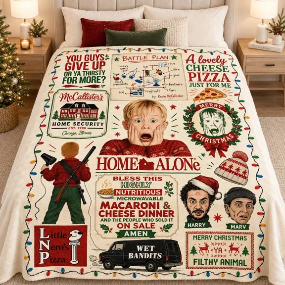 Home Alone Christmas Blanket, Kevin McCallister Battle Plan Flannel Throw, Funny Throw Blanket, Retro 90s Holiday Movie Blanket for Couch Bed, Fan Gift