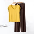thumbnail image 5 of JSKUMAR 2 Piece Pajama Set for Women Short Sleeve Mock Neck Pullover Tops Drawstring Wide Leg Pants Lounge Pjs Set Yellow Coffee|2XL, 5 of 5