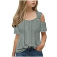 thumbnail image 2 of Fesfesfes Girls' Loose Fit Tunic Tops Kids Short Sleeve Shirts Cold Shoulder Top Casual Round Neck Summer Kids Hollow Out Blouse Tee(Green,11-12 Years), 2 of 8