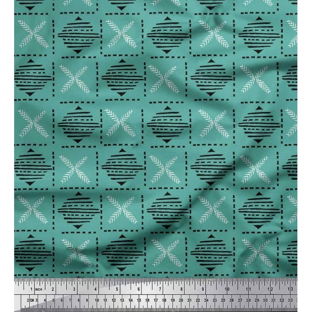Soimoi Georgette Viscose Fabric Leaves & Geometric Block Printed Fabric 1 Yard 42 Inch Wide