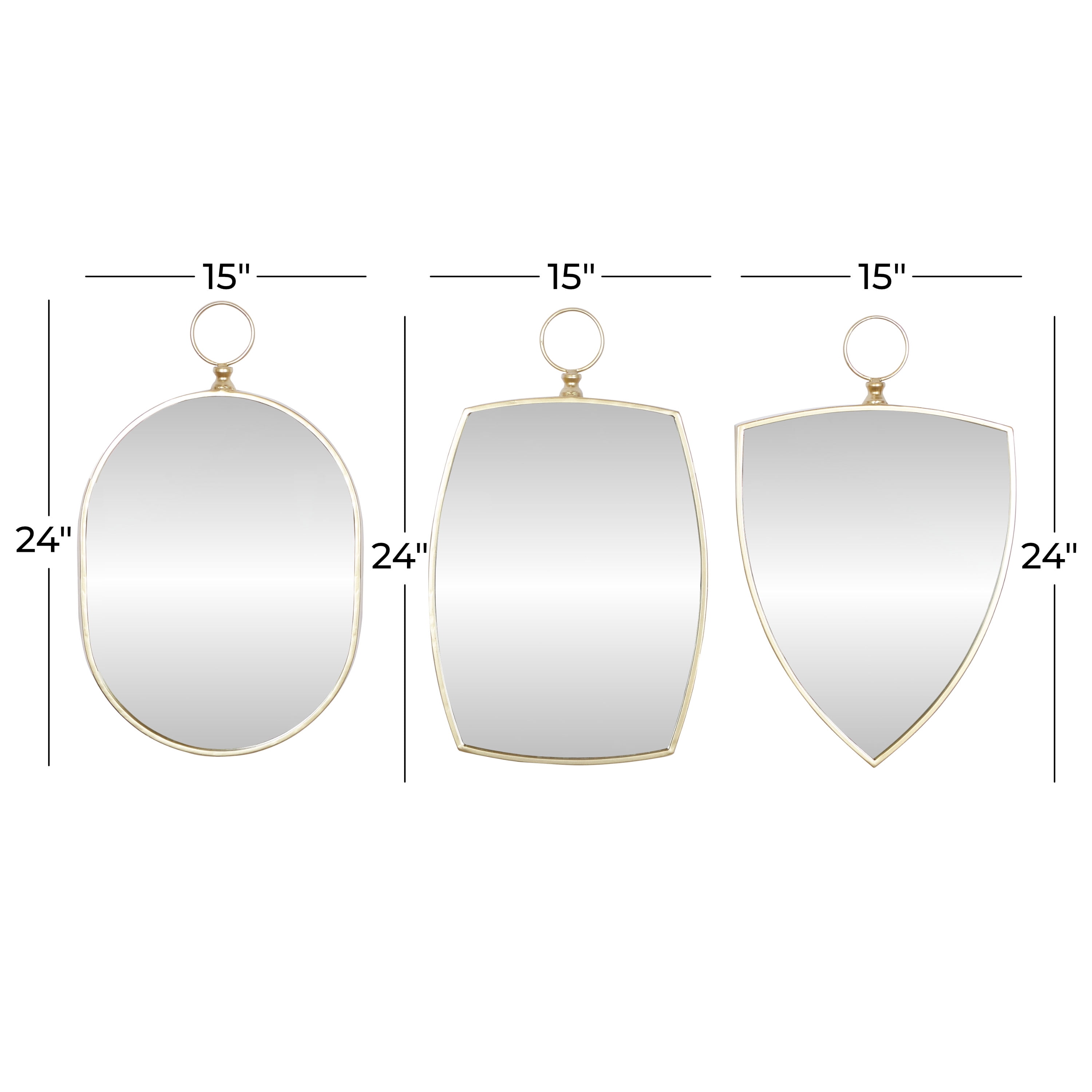DecMode 15"W, 24"H Oval Wall Mirror, Gold, Set of 3
