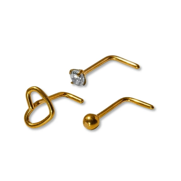 Claire's Nose Rings – Durable Hypoallergenic Titanium Nose Studs for Women – Premium 3-Piece Jewelry for Nose Piercings with Sparkling Gemstones – Heart, Round, and Traditional