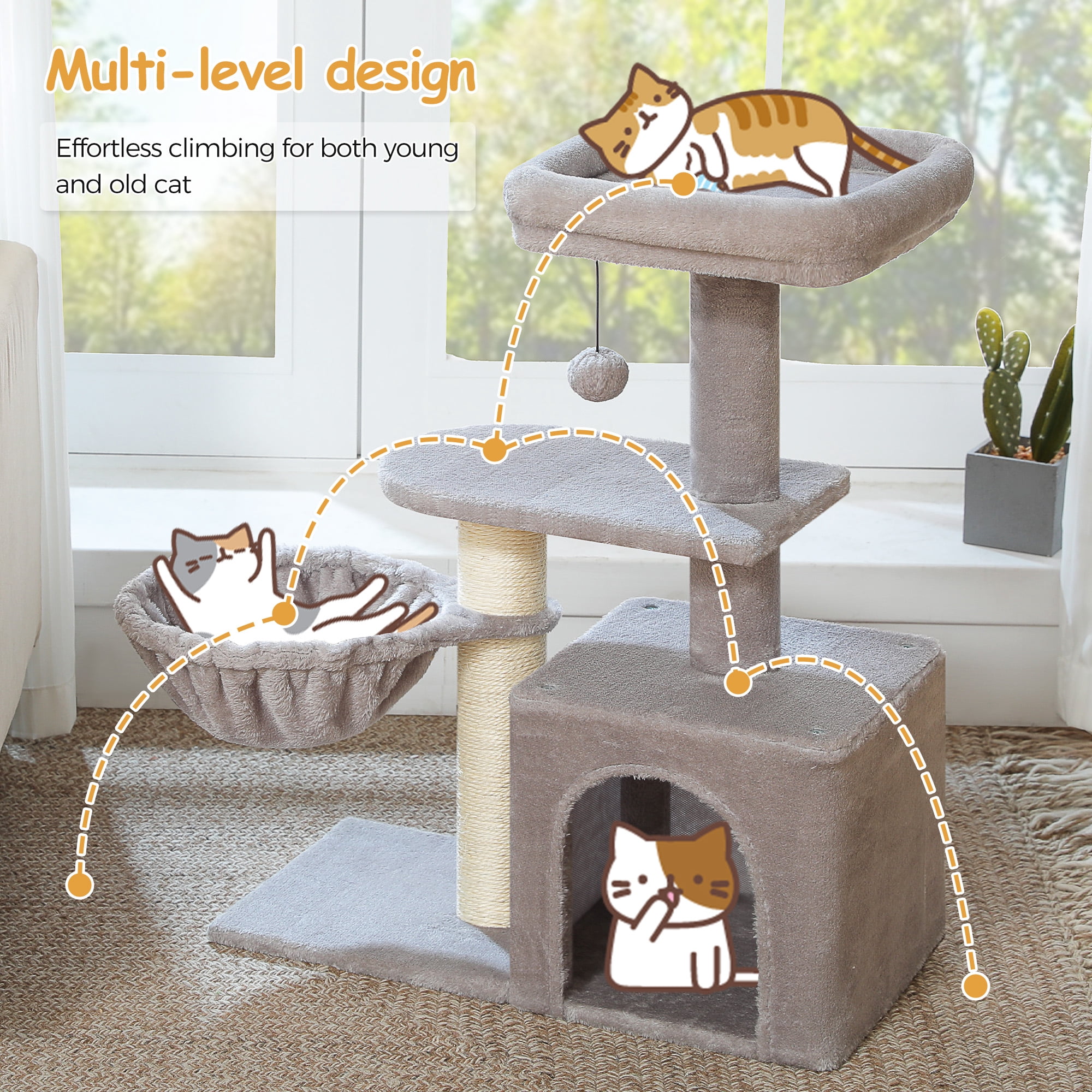 PAWZ Road 31" Medium Cat Tree Modern Scratcher with Hammock and Condo for Indoor Cats Gray
