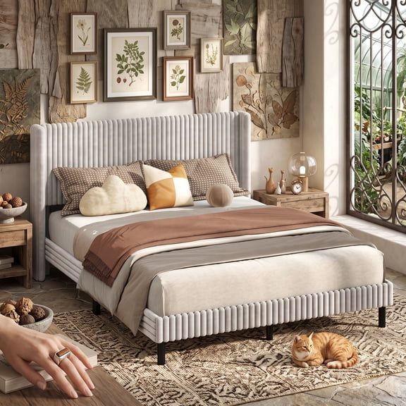Furnibear Queen Bed Frame with Headboard, Velvet Upholstered Platform Bed with Vertical Channel Tufted Wingback Headboard, White