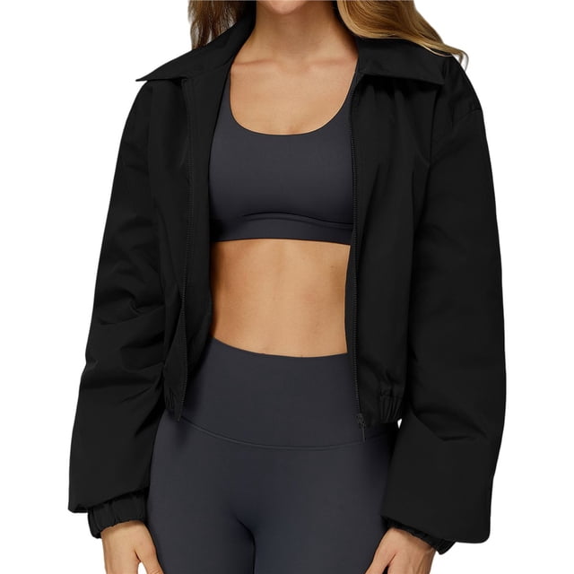 Chaqueta Corta Holgada para Mujer, con Cremallera, Cortavientos, Cálida, Ideal para Deportes Al Aire Libre y Correr Negro XL