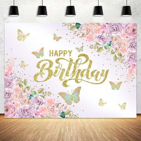 Image of Pink Flower and Butterfly Backdrop Happy Birthday Banner Background Girls Women Birthday Party Backdrop Cake Table Birthday Decor 6X4FT