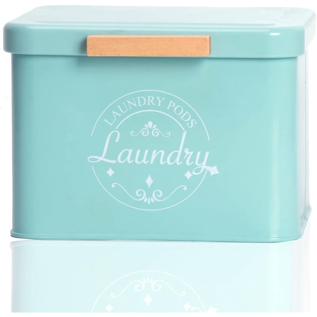 Farmhouse Metal Laundry Pods Holder with Hinged Lid. Modern Laundry Room Organization and Storage. Detergent Container (Green)