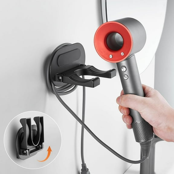 Hair Dryer Holder Wall Mounted,New Upgrade90’ Foldable design Improve space ytilization，Space Organizer for Bathroom Bedroom Washroom (Black, Aluminum Alloy)