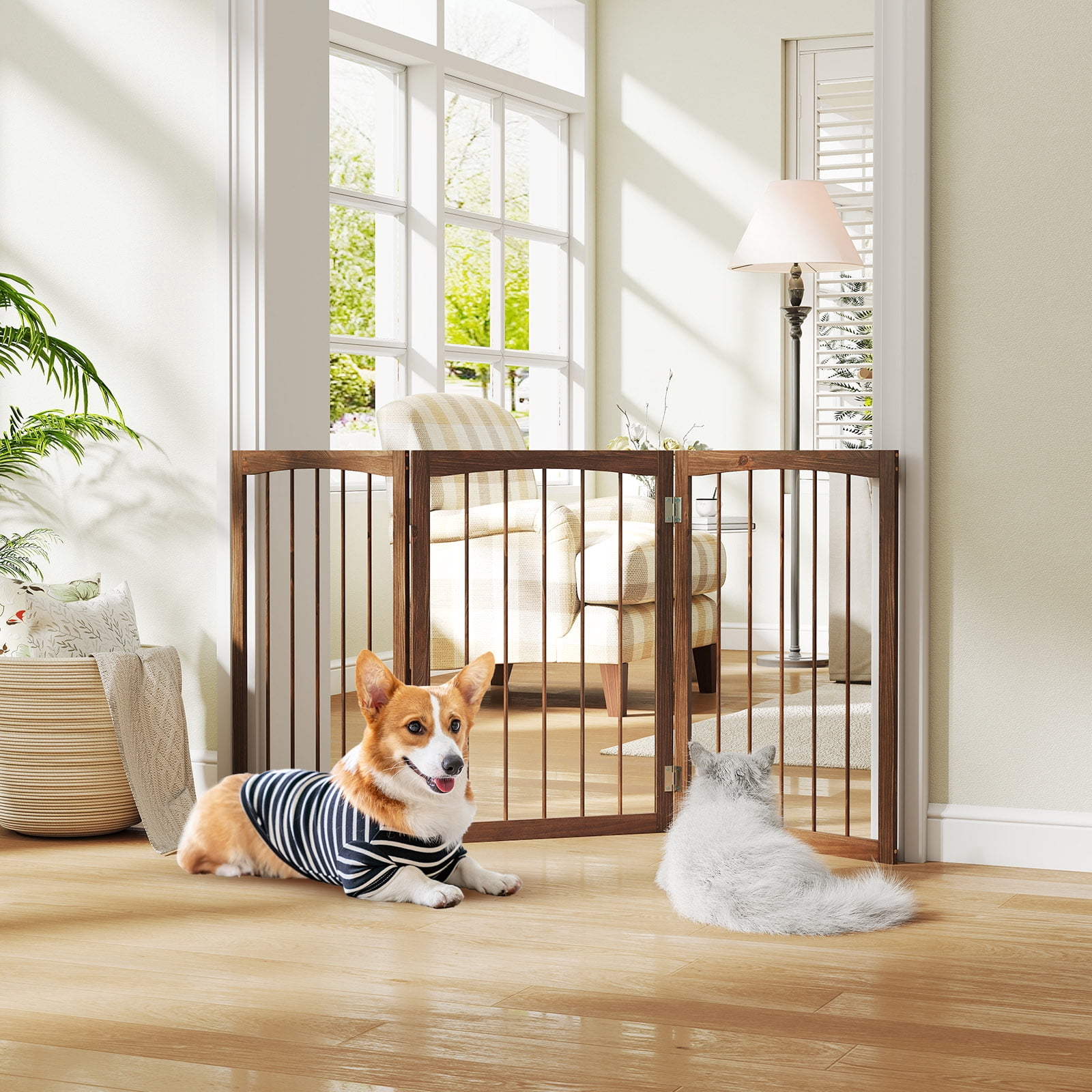 Gymax 30'' Tall Wooden Pet Fence for Indoor House Doorway Hallway Stairs Porch Brown