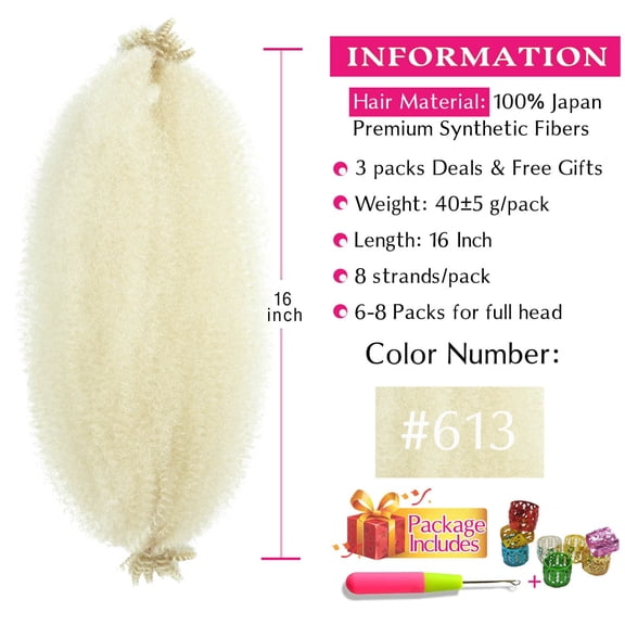 WEIF-Afro Twist Hair 16 Inch 3 Packs, Springy Afro Twist Hair Pre Fluffed Spring Twist Hair Pre Stretched Wrapping Hair for Soft Locs Hair Extensions (16 Inch (Pack of 3), 613#)