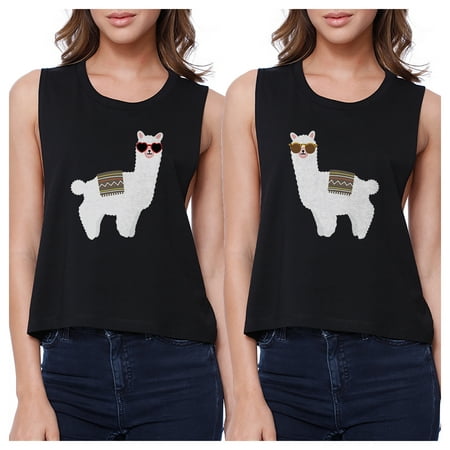 Llamas With Sunglasses Black Cute Best Friend Matching Cropped Tees
