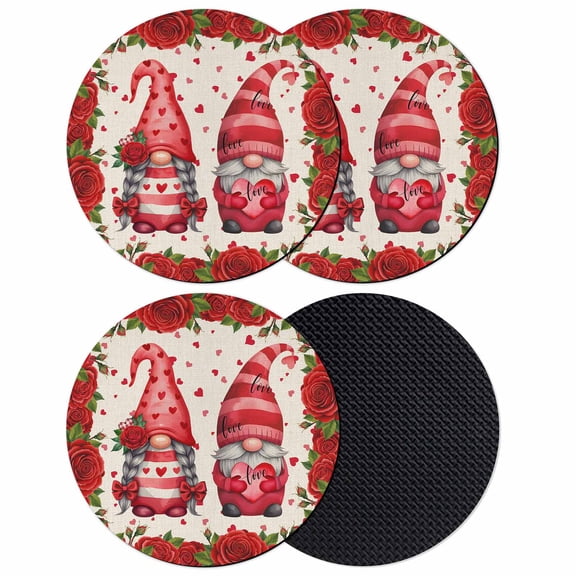 Valentine's Day Coasters Set of 4, Absorbent Coasters for Drinks, Red Roses Gnomes Romance Love Beige Coaster for Desk Coffee Table Protection, Home Decor House Warming Gifts 4"