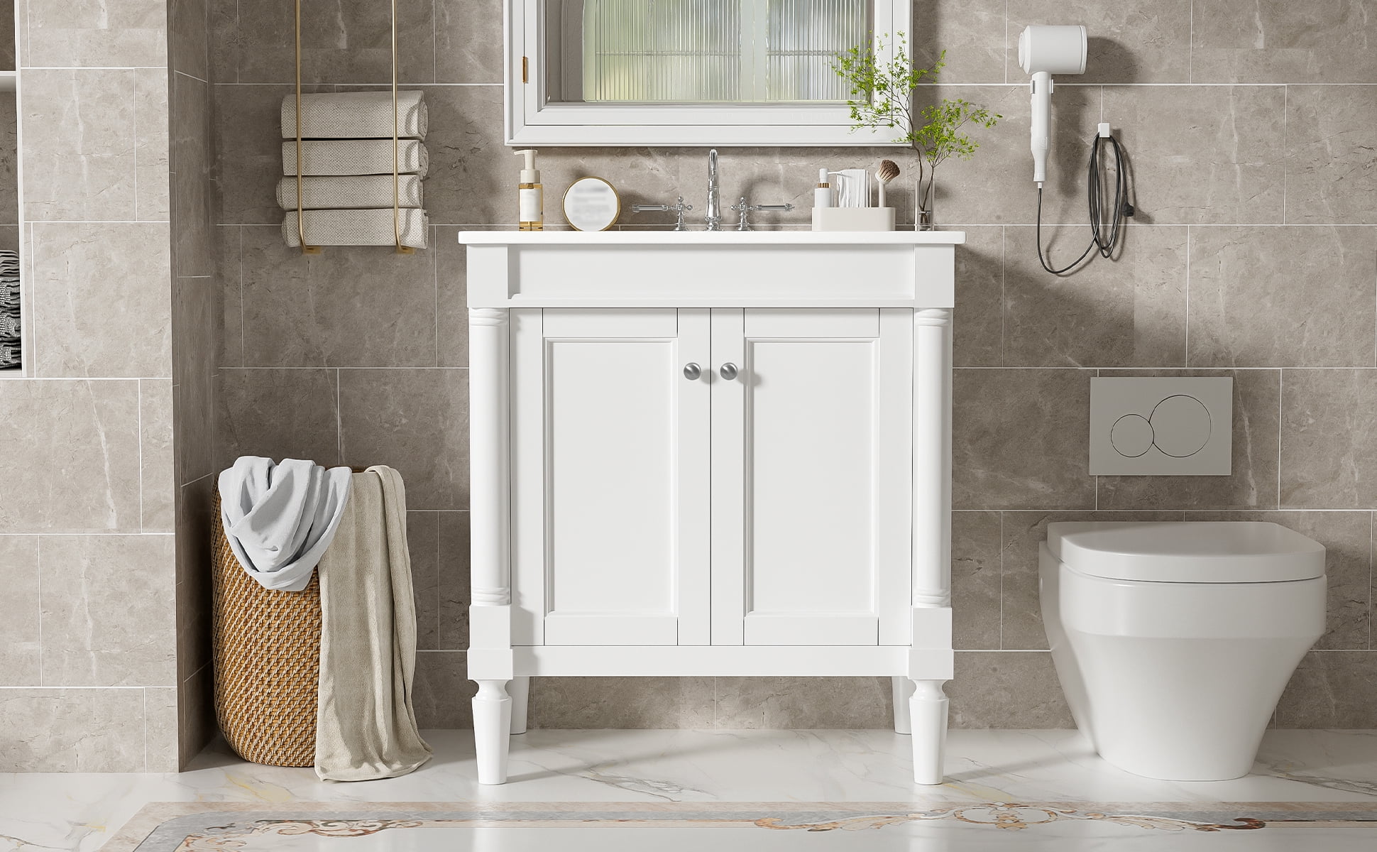 Euroco 30" Luxurious Bathroom Vanity Cabinet with Ceramic Sink Basin, 30-Inch, Storage Cabinet with Soft Close Doors and Solid Wood Legs