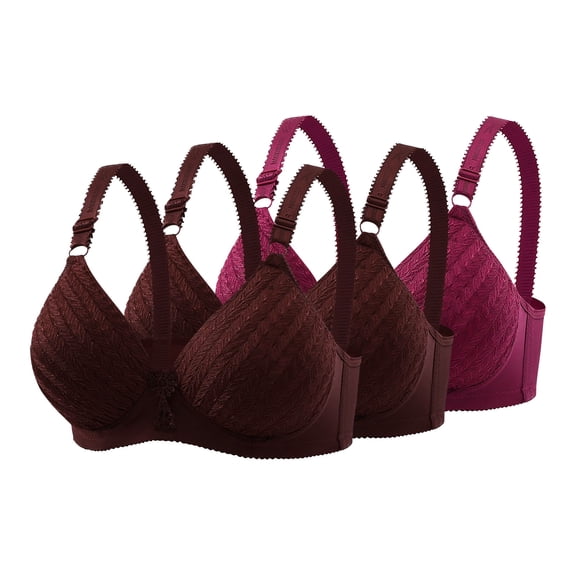 Fatuov Women's Bras Plus Size Full Coverage Seamless Soft T-Shirt Bras for Everyday Wear Push Up Embroidery Lace Bralette No Underwire, 3-Pack, Wine, 42B