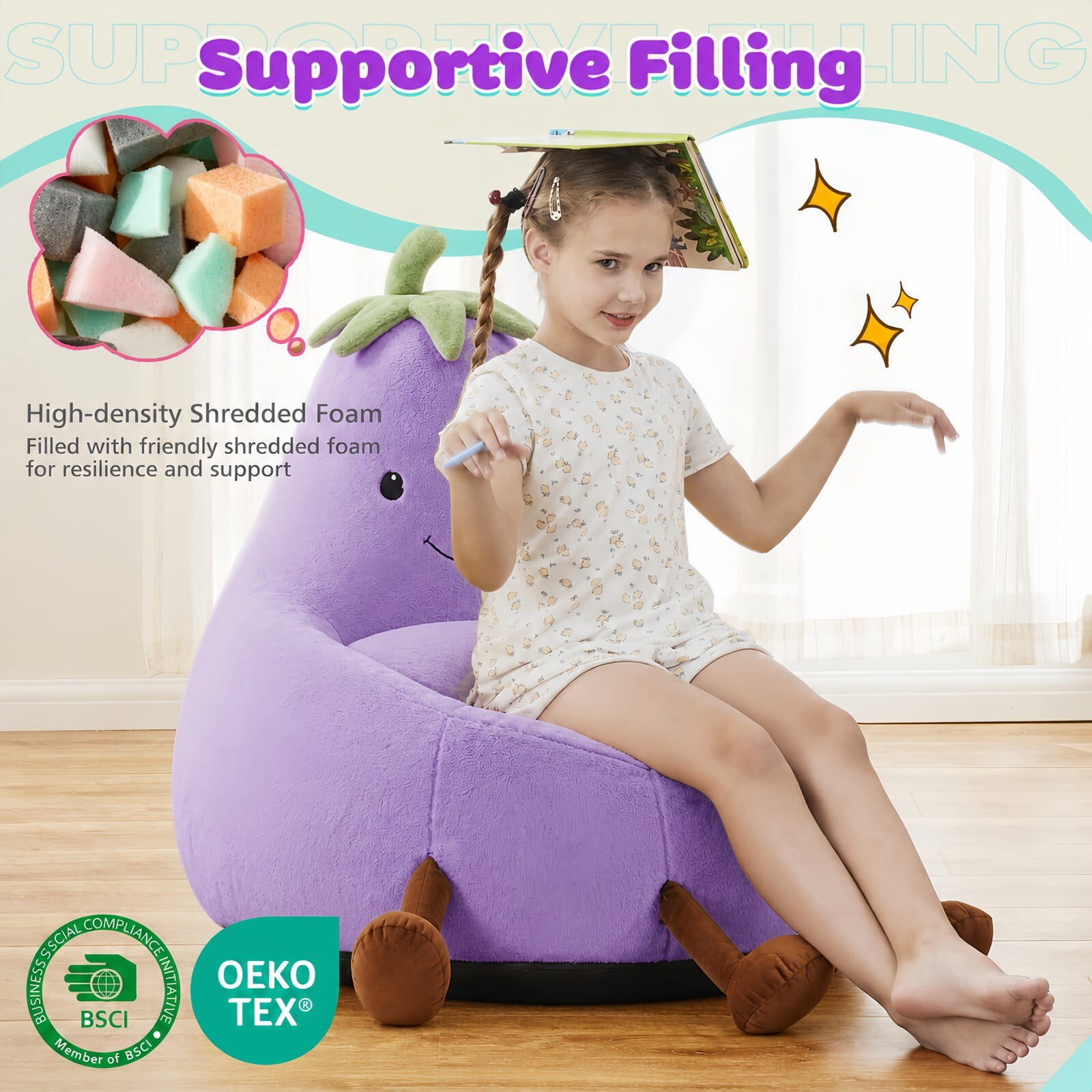 Kelno 24" Kids Bean Bag Chair Faux Rabbit Fur Lazy Chair Toddler Couch, Purple