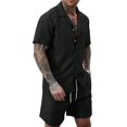 thumbnail image 2 of Men'S Camp Collar Jacquard Button Up Shirt and Drawstring Shorts Two Piece Outfit Black XL, 2 of 9