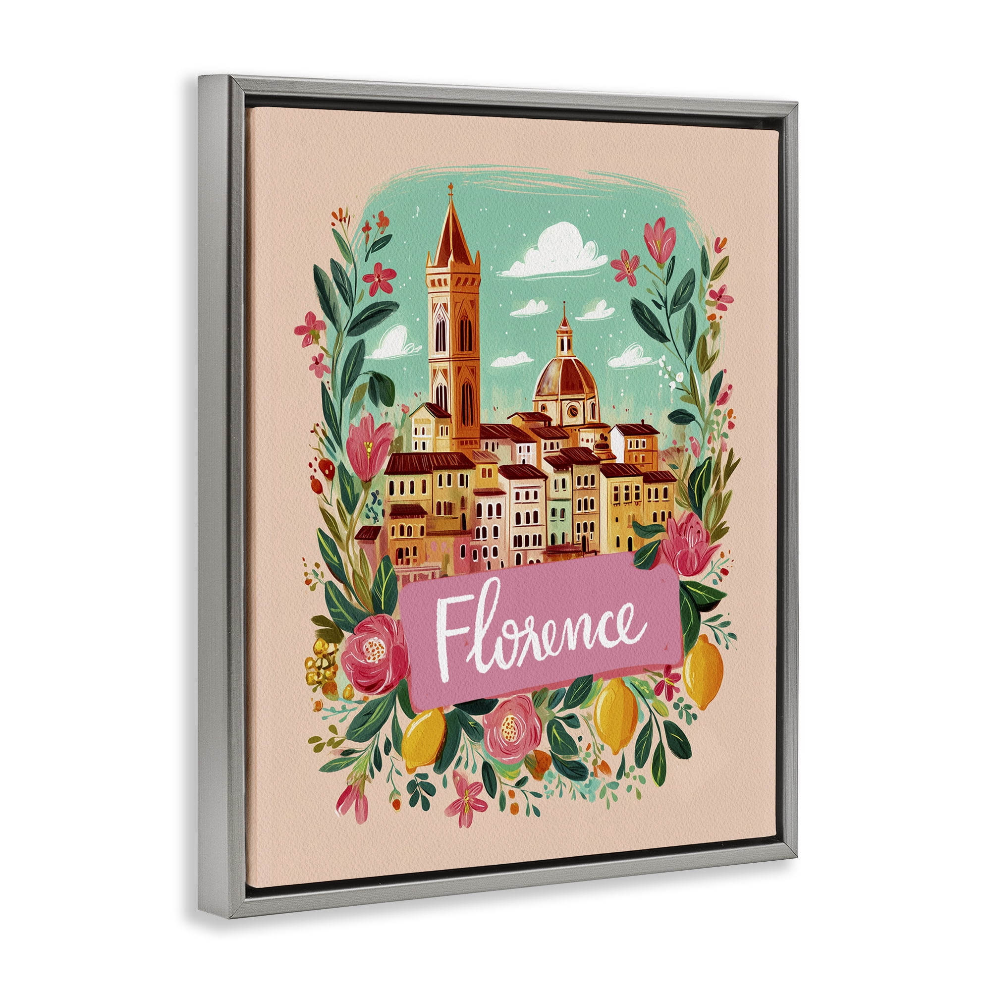 Floral Bordered Florence Gray Framed Floater Canvas Wall Art, design by Yen