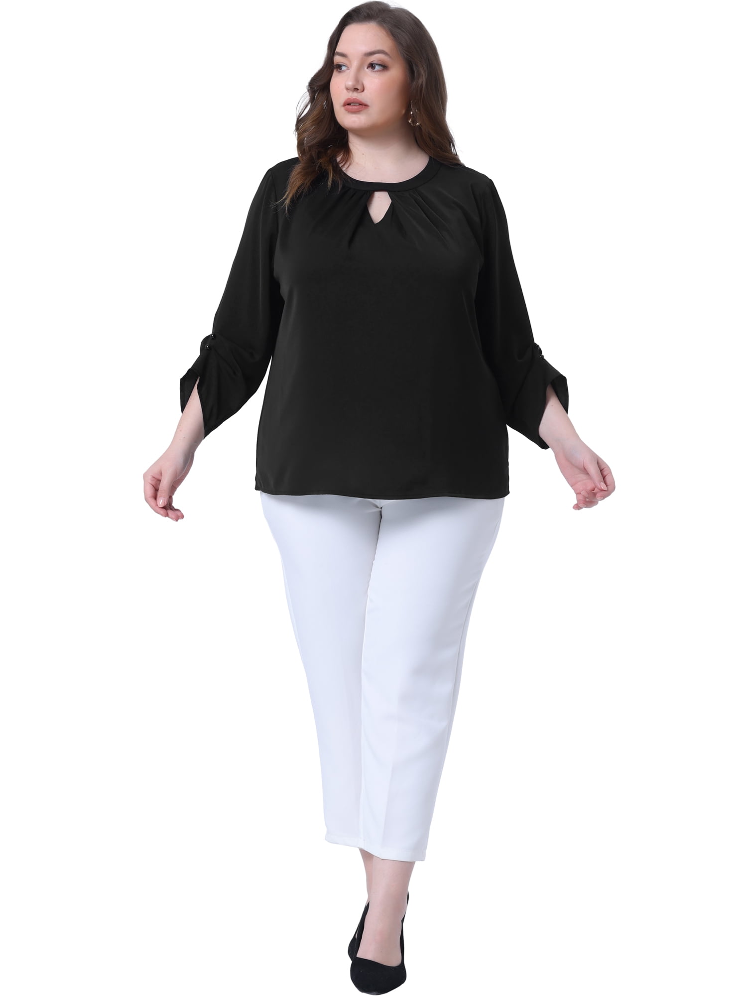 DARING DIVA Women's Plus Size Pleated Crew Neck Keyhole Tops 2X Black