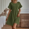 thumbnail image 3 of Daiosportswear Robe d'Été pour Femmes Col Rond Manches Courtes Mélange Coton Lin Ample Couleur Unie Poche Mode Jupe Mini, Robe Manches Courtes Vert Armée G(L), 3 of 7
