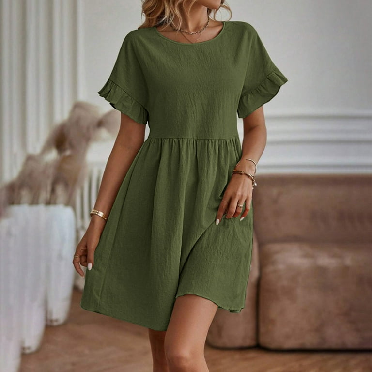 Zquuvou Women's Summer Casual Round-Neck Deress Short Sleeve Solid Mini Dress Olive Green, Size: Small