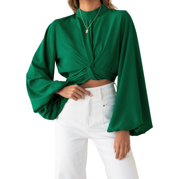 VISgogo Blusa Femenina, Tops Cortos Anudados de Manga Larga con Cuello Redondo de Color Sólido para Damas, Verde/Negro/Albaricoque, S/M/L/XL VISgogo moda