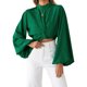 thumbnail image 1 of VISgogo Blusa Femenina, Tops Cortos Anudados de Manga Larga con Cuello Redondo de Color Sólido para Damas, Verde/Negro/Albaricoque, S/M/L/XL VISgogo  moda, 1 of 8