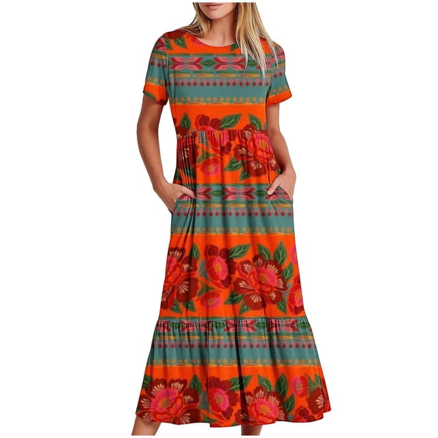 Puntoco Vestido Midi De Moda Para Mujer, Vestido Retro Con Estampado Floral En Capas, Doble Bolsillo, Manga Corta, Cuello Redondo, Rojo Xxl,Regalos Para Mujer Joven