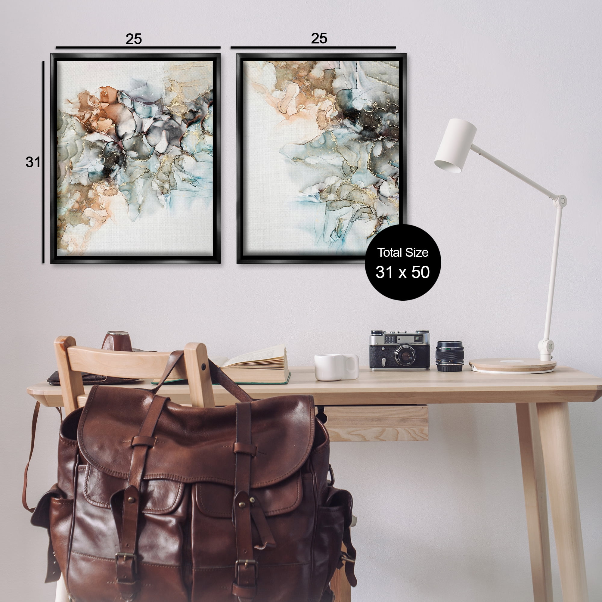 Stupell Industries Abstract Alcohol Ink Blue Copper Abstract Painting Black Floater Framed Canvas Art Print Wall Art, 31 x 25, Set of 2