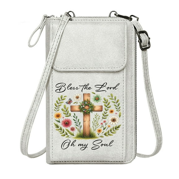 OIDERY Women Leather Crossbody Purse Credit Card Slots Serene Atmosphere Vibrant Flowers Wooden Cross Long Purse for Gift Ideal Holiday Gift