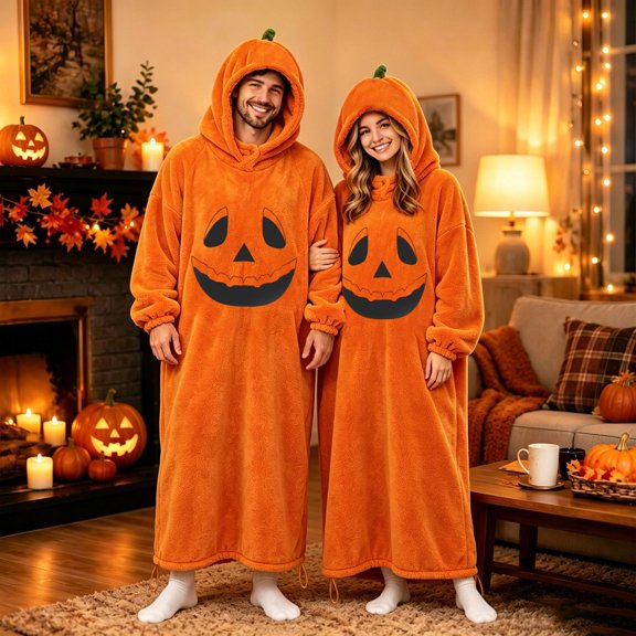 XAOFW Unisex Adults Pumpkin Onesie Pajamas For Women Men Soft Cozy Full Zip Hooded Long Sleeve Halloween Pajamas Jumpsuit Cute Cartoon Pumpkin Print Loungewear For Couples L