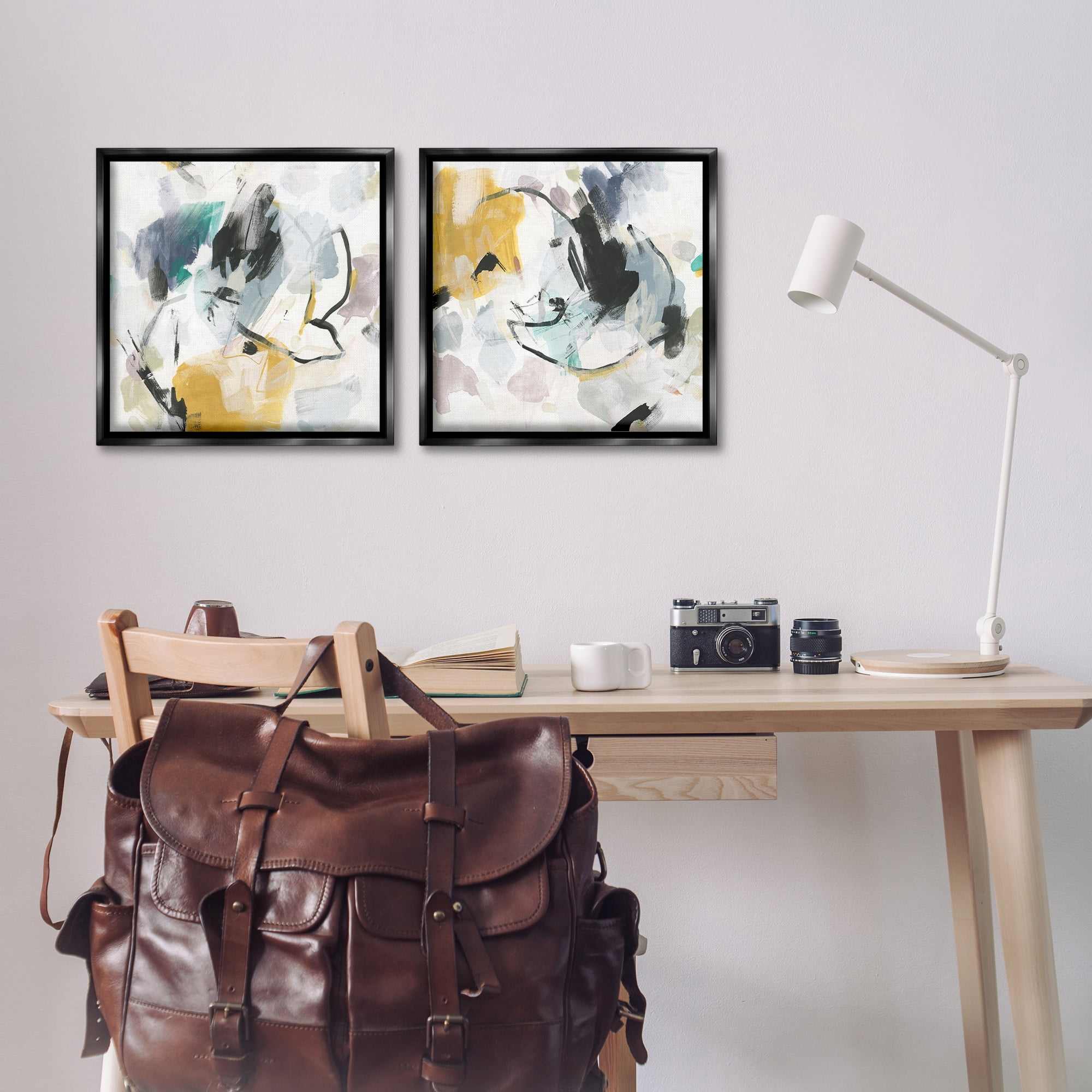 Stupell Industries Black & Yellow Abstract Splash Abstract Painting Black Floater Framed Canvas Art Print Wall Art, 18 x 18, Set of 2