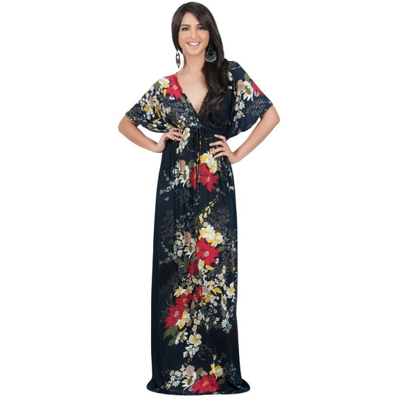 KOH KOH Long Summer Flower Floral Print Kaftan Beach Flowy Casual Hawaiian Sun Cover Up Sundress Gown Maxi Dress For Women Dark Navy Blue Small US 4-6 DAN001