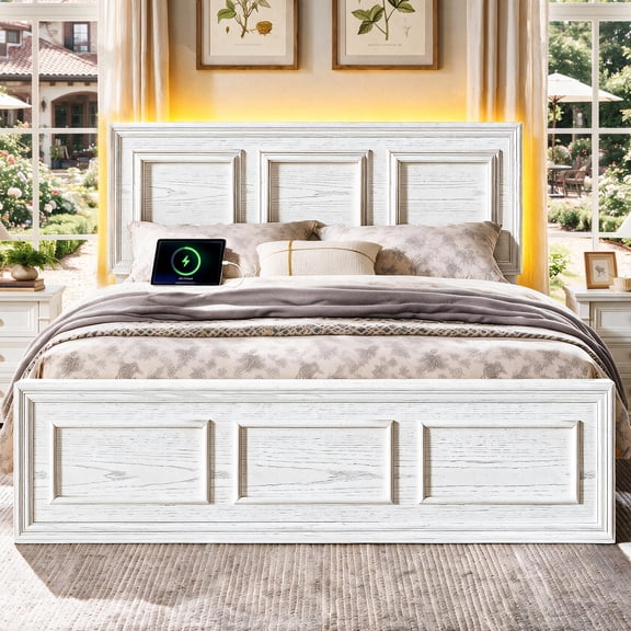 NHIXSOM Full Size Farmhouse Platform Bed with LED Headboard & Charging Station, Wood Frame, White