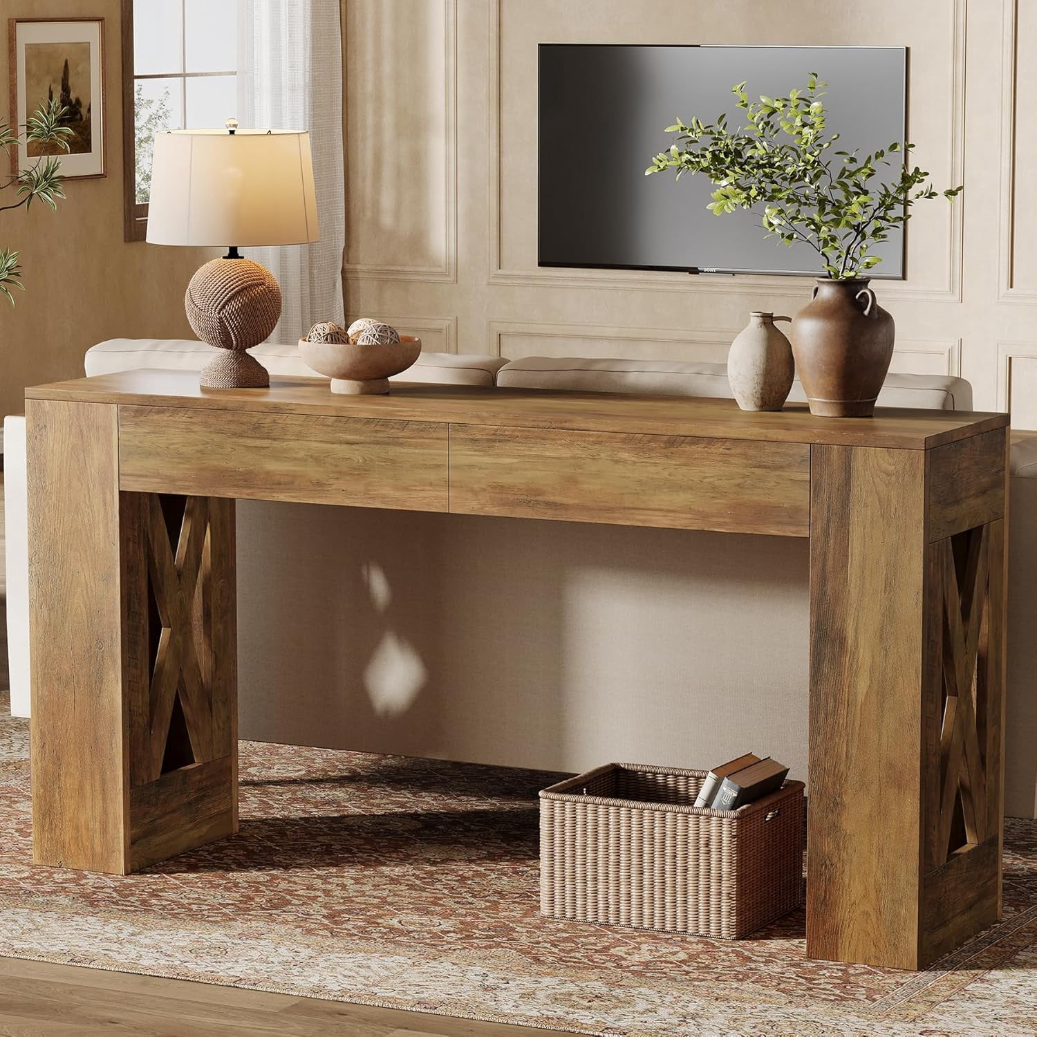 Tribesigns 63-Inch Long Console Table, Farmhouse Entryway Table with 2 Drawers and X-Shaped Legs for Entrance, Warm Brown