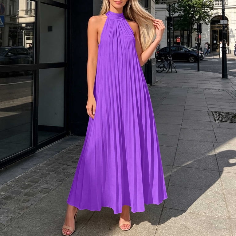 halter neck pleated maxi dress Yangnuo Women's Halter Neck Sleeveless Pleated Maxi Dress, Ladies Solid  Color Loose A-Line Casual Long Dress
