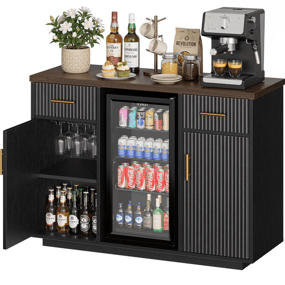 Biemlerfn 55" Large Coffee Bar Cabinet,Modern Buffet Sideboard Cabinet with Storage and Charging for Home,Black