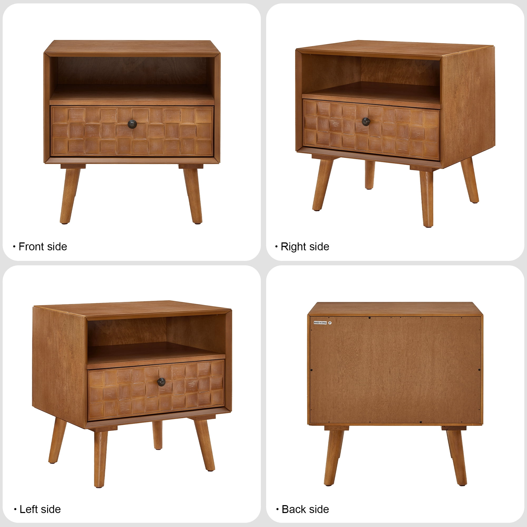 22" Wood Nightstand with Carved Geometric Drawer Front, 1 Drawer and Open Shelf, Solid Wood Legs, Bedside Table for Bedroom