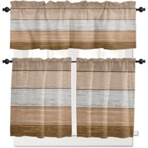 Kitchen Curtains Valance and Tiers 3 Piece Set, Brown Ombre Retro Farm Gradient Wood Grain Short Window Treatments Rod Pocket Tier and Valance for Cafe Laundry Room Bathroom Decor 24-Inch Tier Set