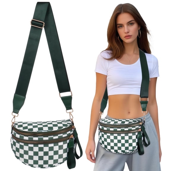 Green and White Checkered Crossbody Bag, Travel Bum Bag with Multiple Zipper Pockets, Nylon Sling Fanny Pack with Adjustable Strap, Lightweight Casual Shoulder Purse for Women Everyday Use