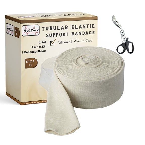 Premium Elastic Tubular Compression Medical Bandage Size C Stockinette, 2.65 inches x 33 Feet. Reusable Elastic Bandage Sleeve Wraps Plus One Pair of Medical Scissors