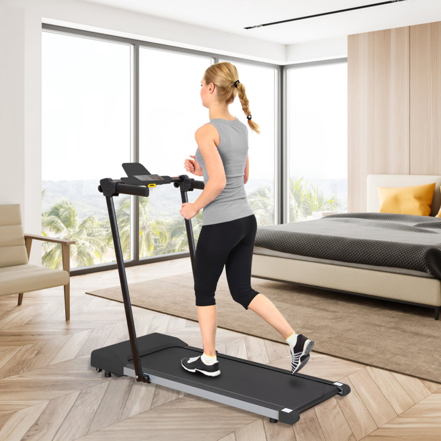Home Treadmill for Walking & Running, Up to 7.5 MPH, LED Display, Portable Treadmill with Wheels, Compact Design
