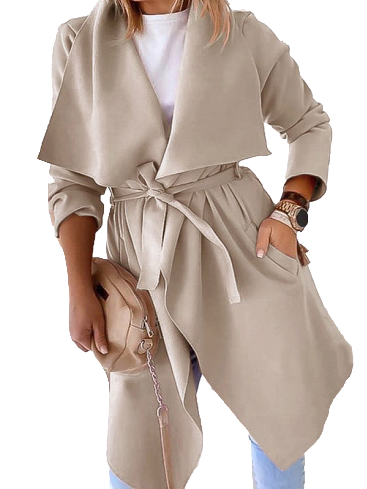 Womens Casual Lapel Long Sleeve Wrap Coat Cardigan