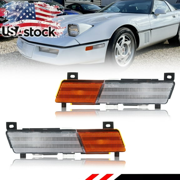 2PCS Amber & Clear Lens Front Bumper Turn Signal Lights Side Marker Lights Turn Warning Lights Parking Light Housings For 1984-1987 Corvette C4 No bulb/Socket