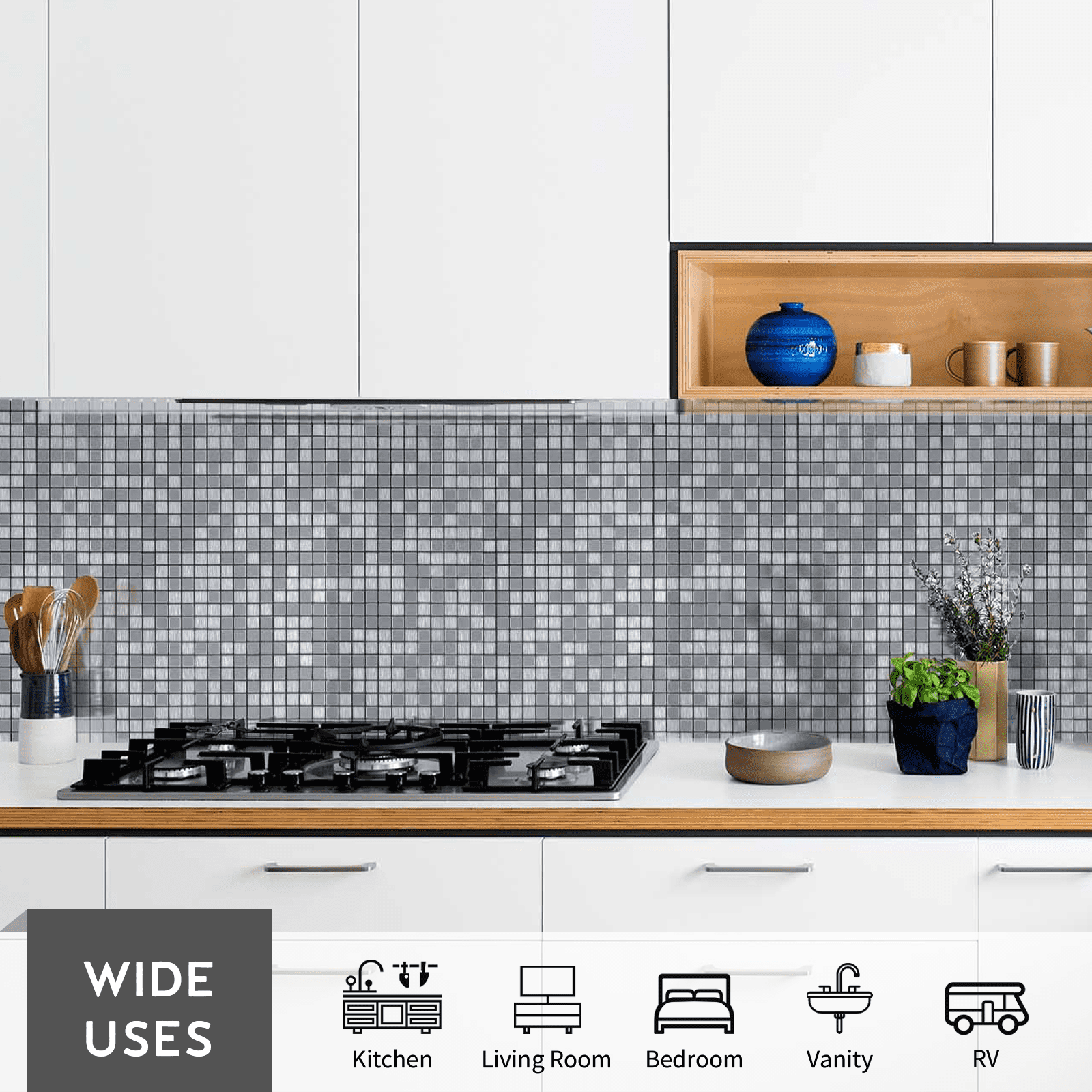 12-Sheet Peel and Stick Backsplash Tiles, Silver Aluminum Mosaic 3D Self-Adhesive Wall Tiles Stick on Backsplash for Kitchen Bathroom Fireplace