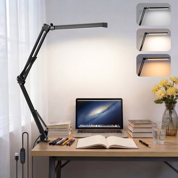 Coliware LED Desk Lamp with 12.5” Light Bar, 3 Color Temperatures 10 Brightness Levels Eye Friendly Lamp with Padded Clamp Flexible Long Arm, USB Powered Table Light for Home Office