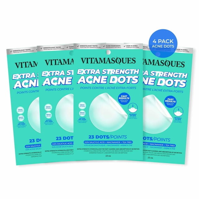 Parches para espinillas Vitamasques extra fuertes, parches para acné para cara y piel para cubrir imperfecciones, cuidado de la piel coreano, 92 unidades, paquete de 4 x 23