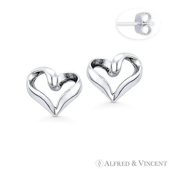 Open-Design Loop Heart Charm Stud Earrings in Oxidized .925 Sterling Silver