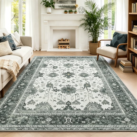 WANLISELL 5' x 7' Area Rugs, Washable Rug with Non Slip Backing, Vintage Soft Indoor Carpets for Living Room, Bedroom, Dining Room, Green Beige